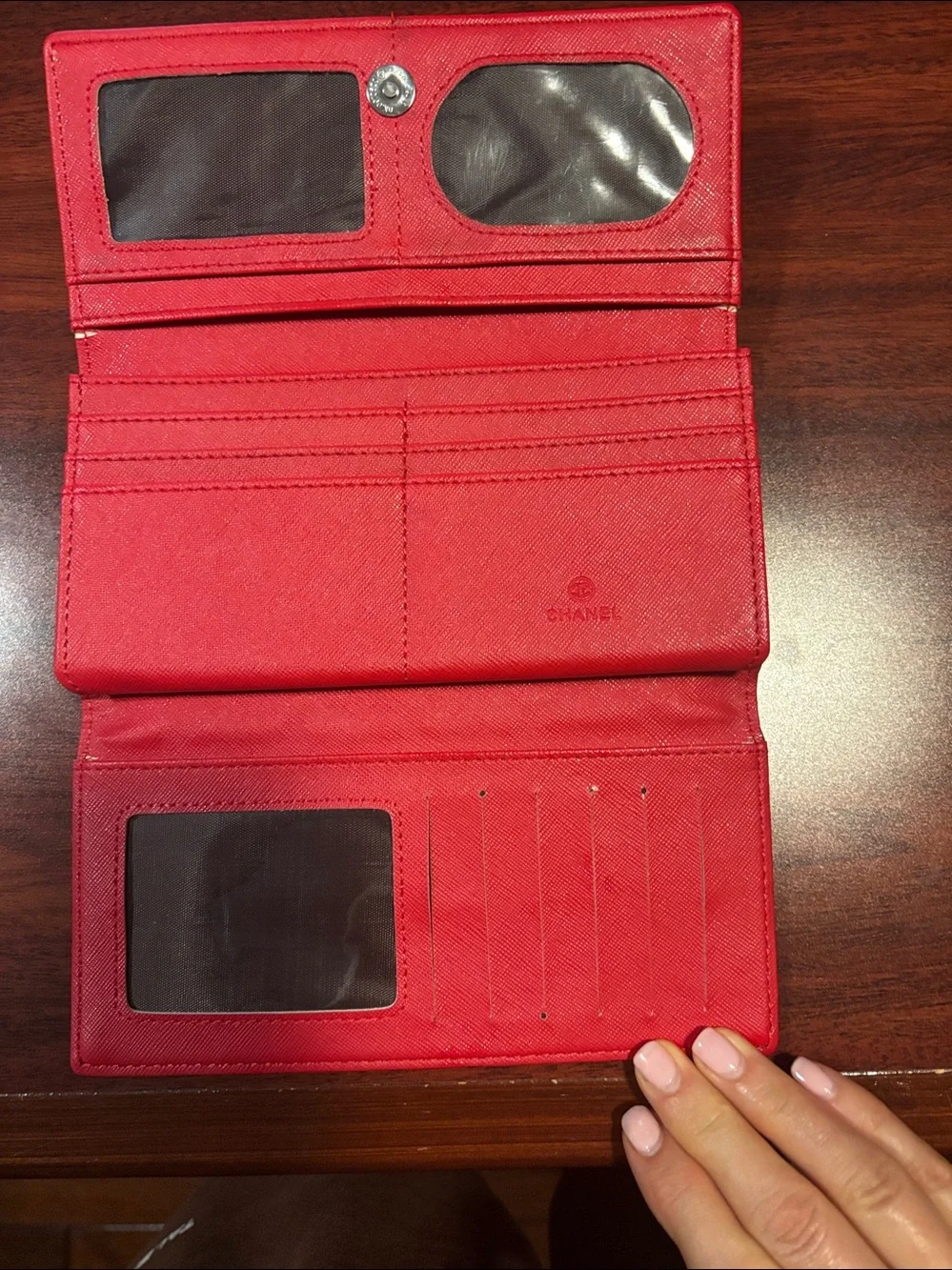 CHANEL Black Quilted Leather Wallet with Red Trim